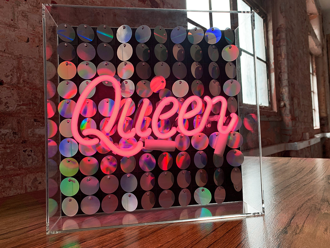 'Queen' Glass Neon Sign with Sequins