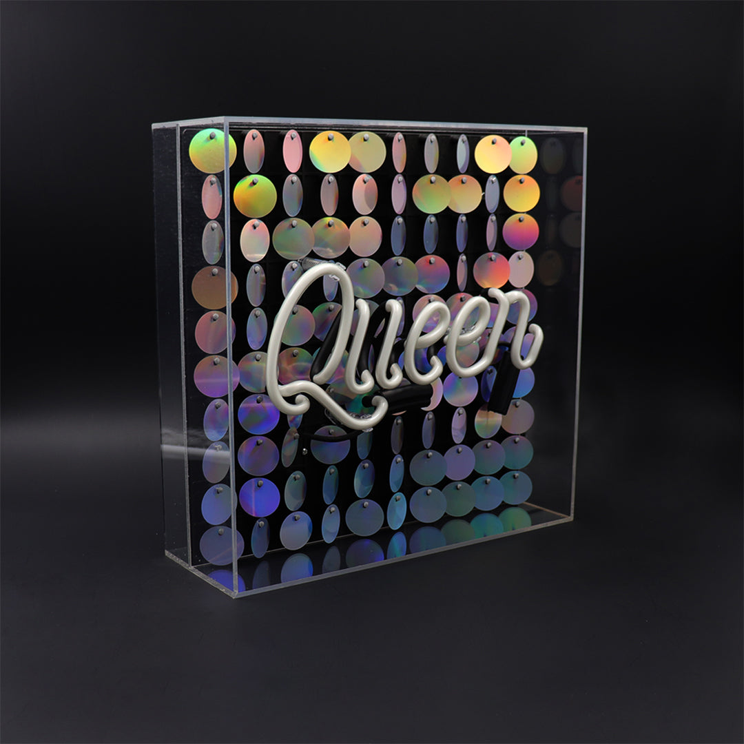 'Queen' Glass Neon Sign with Sequins