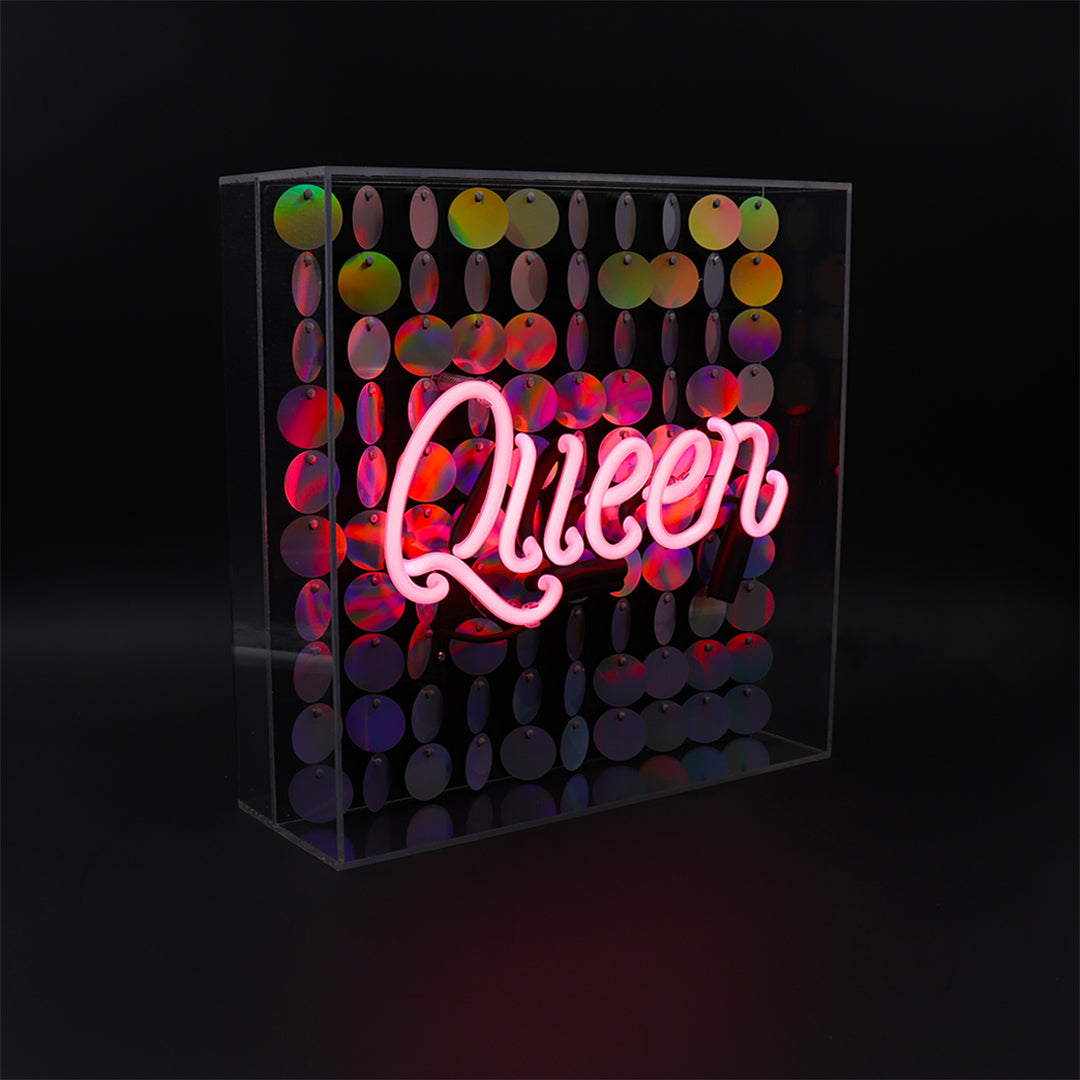 'Queen' Glass Neon Sign with Sequins