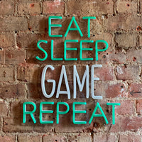'Eat Sleep Game Repeat' Green & White Neon LED Wall Mountable Sign