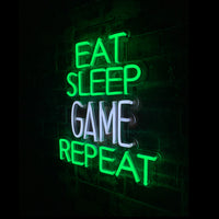 'Eat Sleep Game Repeat' Green & White Neon LED Wall Mountable Sign