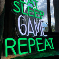 'Eat Sleep Game Repeat' Green & White Neon LED Wall Mountable Sign