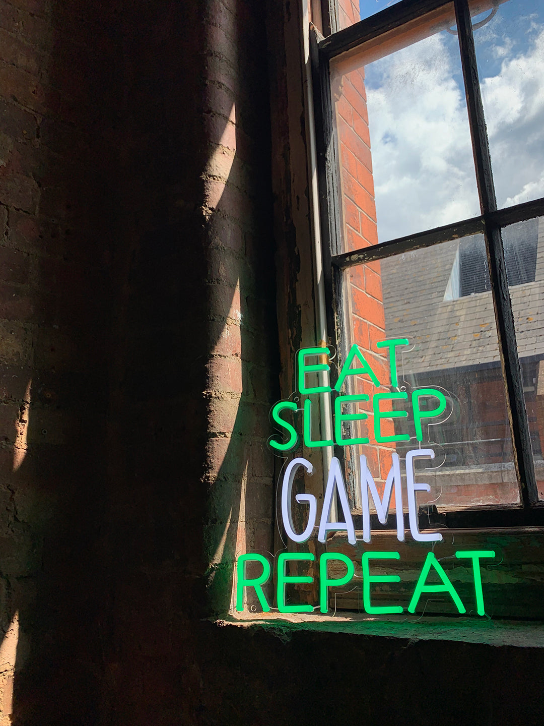 'Eat Sleep Game Repeat' Green & White Neon LED Wall Mountable Sign