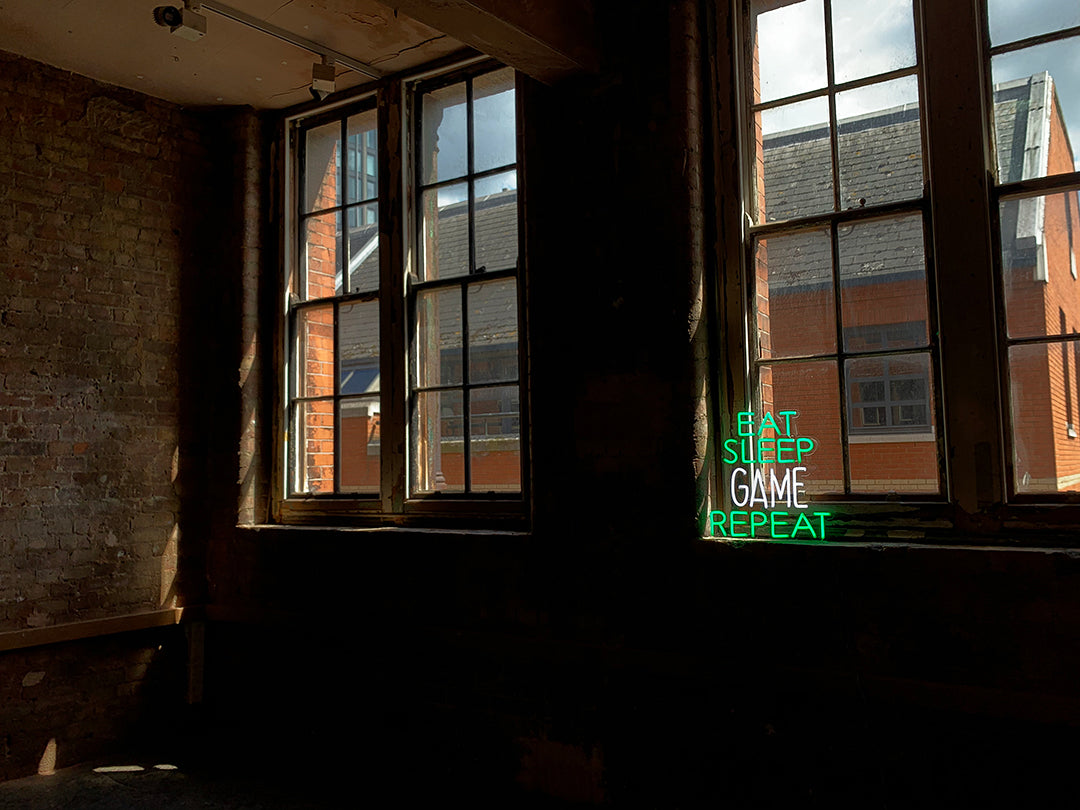 'Eat Sleep Game Repeat' Green & White Neon LED Wall Mountable Sign