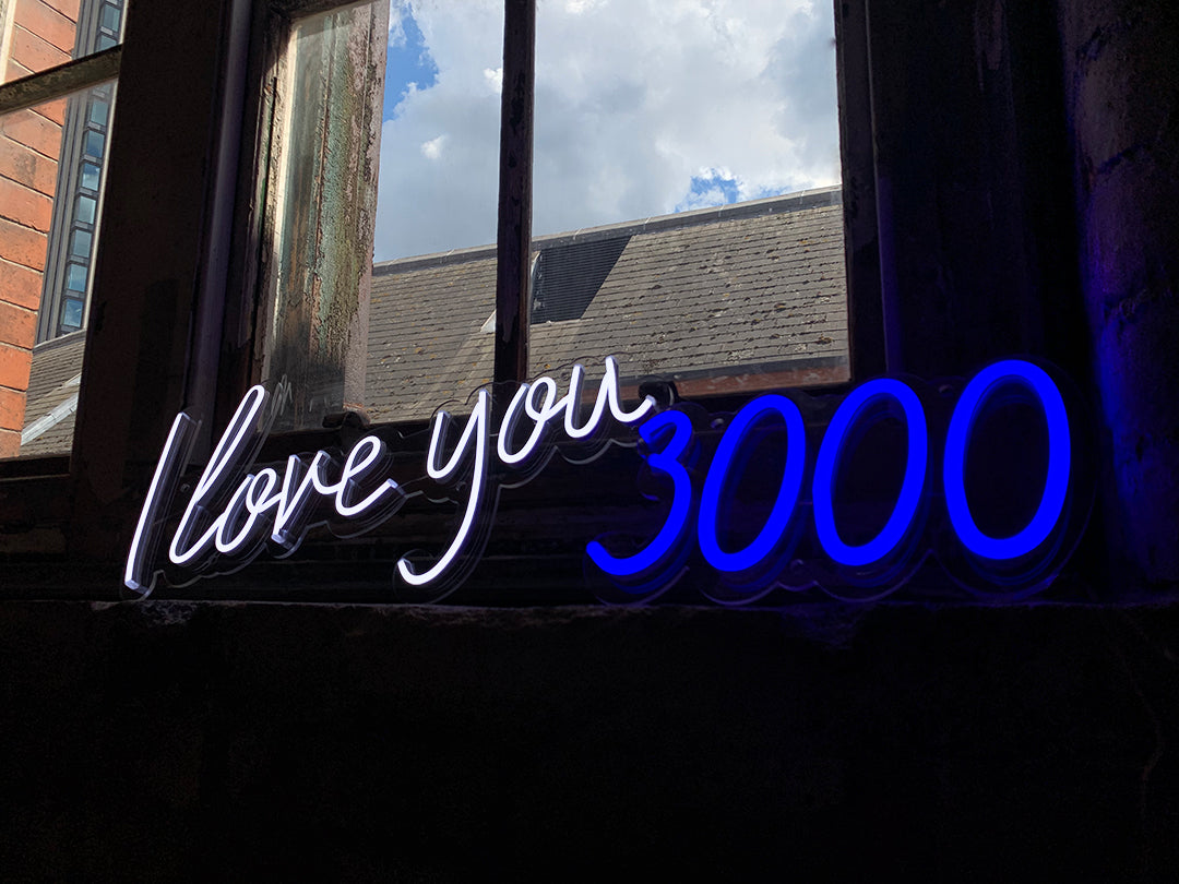 'I Love You 3000' White & Blue Neon LED Wall Mountable Sign