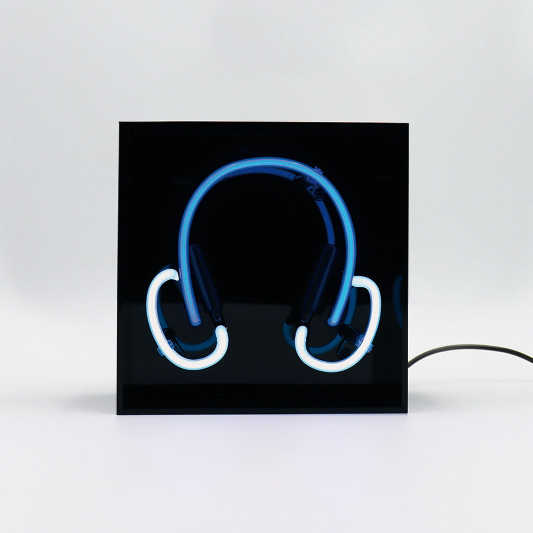 'Headphones' Mini Glass Neon Sign - Blue