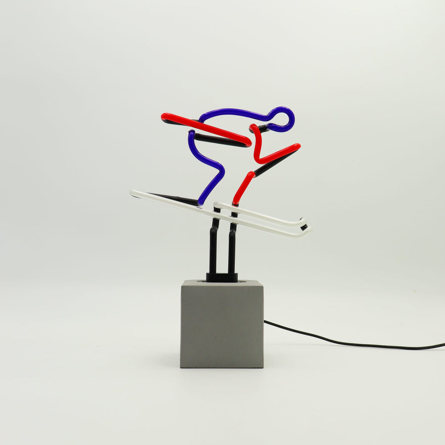 Neon 'Skiing' Red, Blue & White Sign
