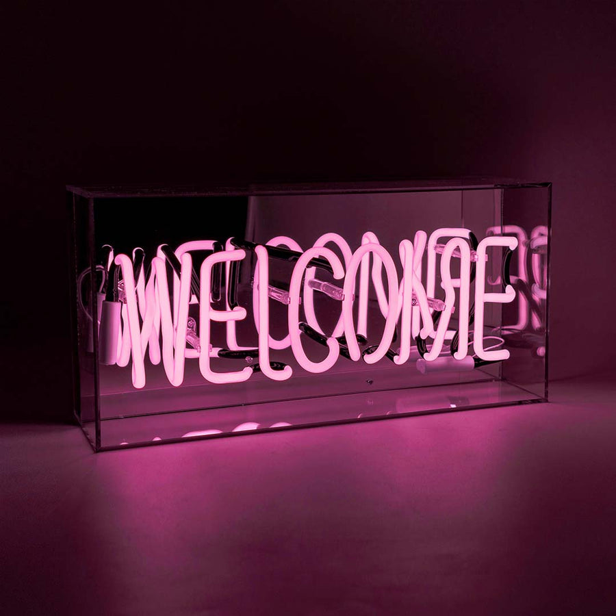 Pink 'Welcome' Acrylic Box Neon Light