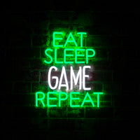 'Eat Sleep Game Repeat' Green & White Neon LED Wall Mountable Sign