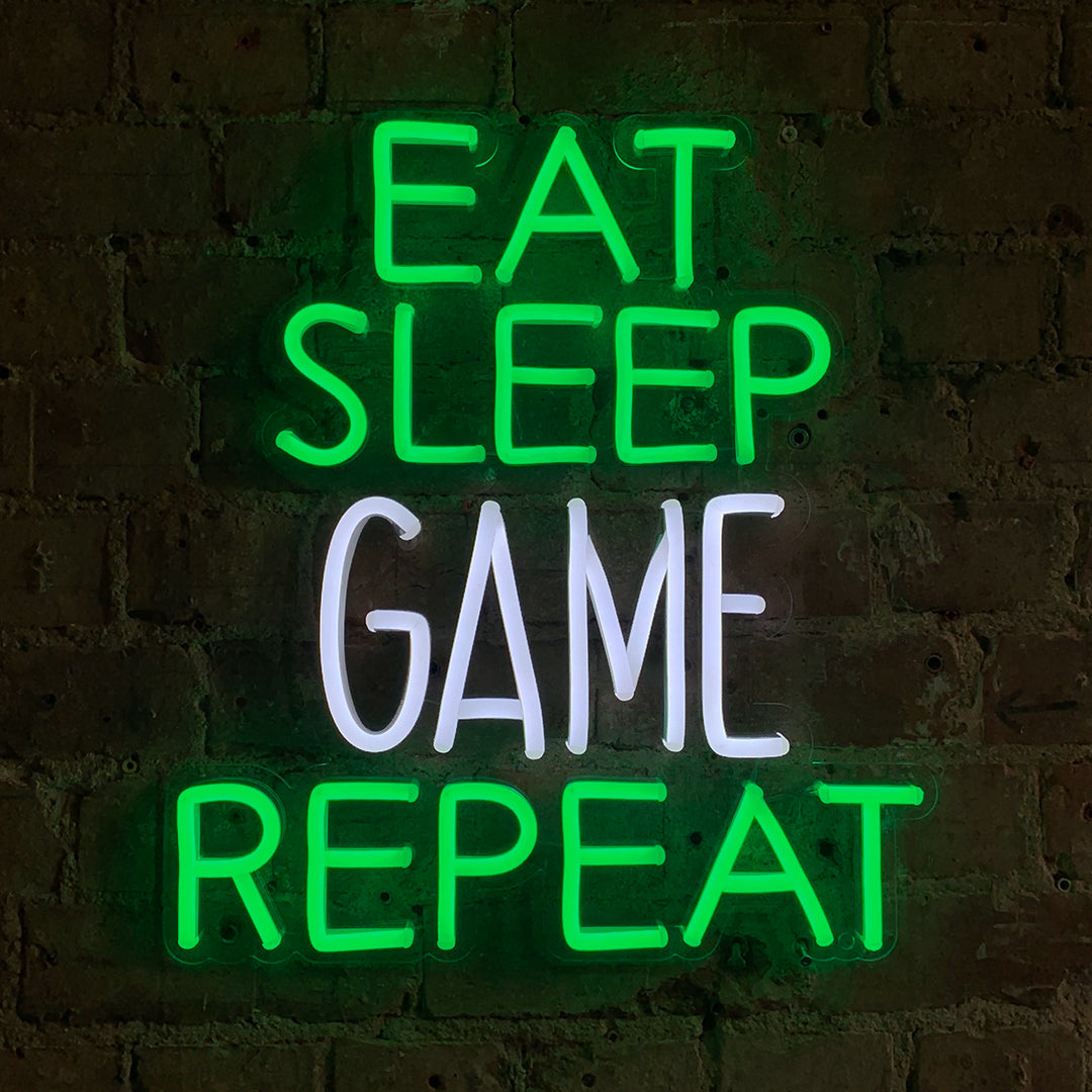 'Eat Sleep Game Repeat' Green & White Neon LED Wall Mountable Sign