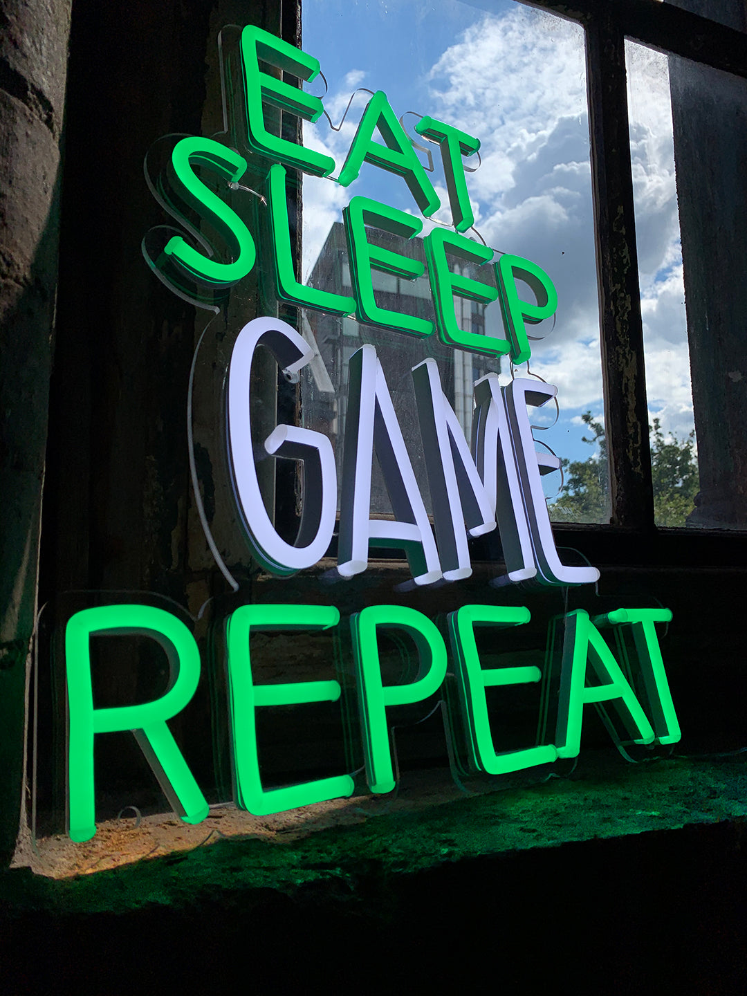 'Eat Sleep Game Repeat' Green & White Neon LED Wall Mountable Sign