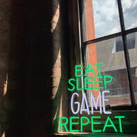 'Eat Sleep Game Repeat' Green & White Neon LED Wall Mountable Sign