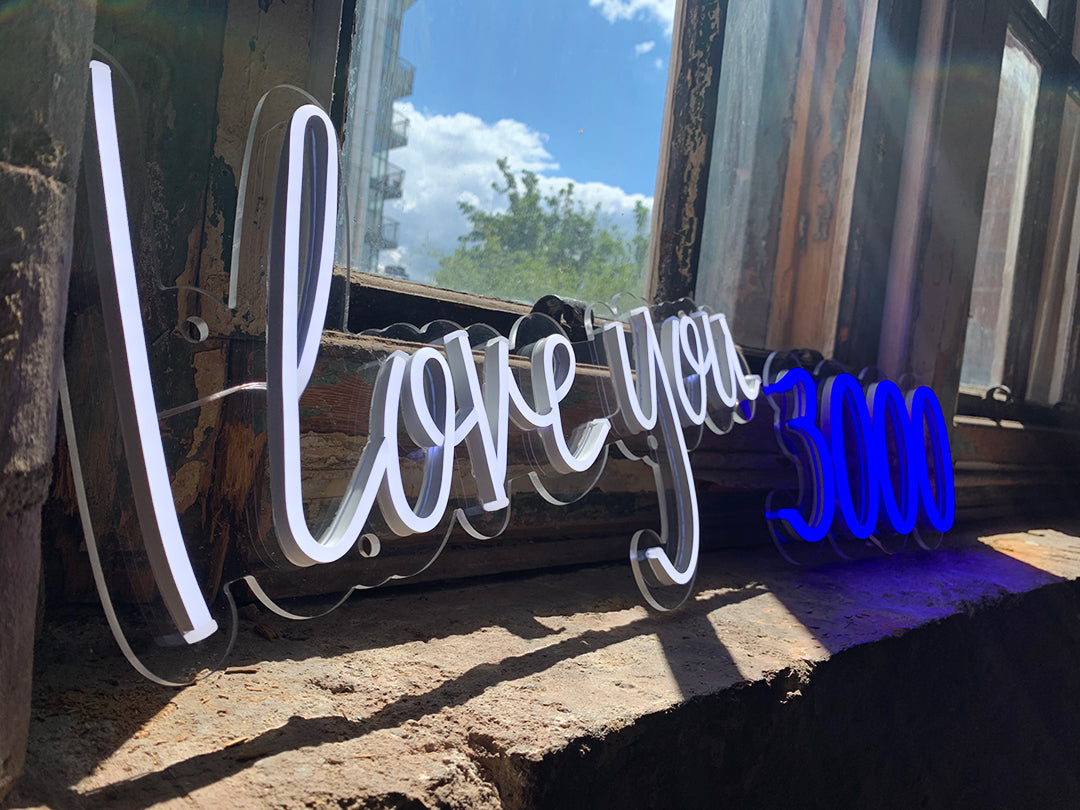 'I Love You 3000' White & Blue Neon LED Wall Mountable Sign